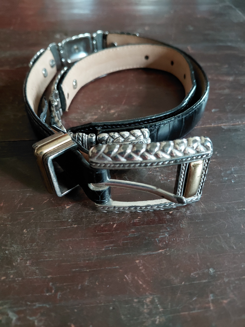 Vintage 90s Brighton black crocodile leather silver concho buckle belt Womens 31